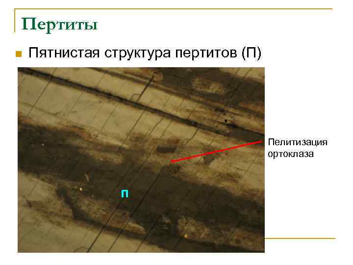 Пертиты n Пятнистая структура пертитов (П) Пелитизация ортоклаза п 