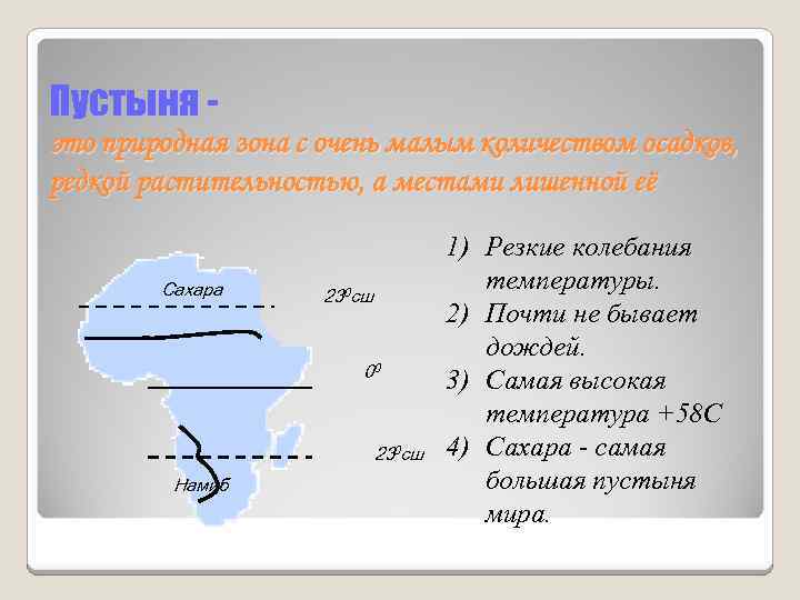 Пустыня это природная зона с очень малым количеством осадков, редкой растительностью, а местами лишенной