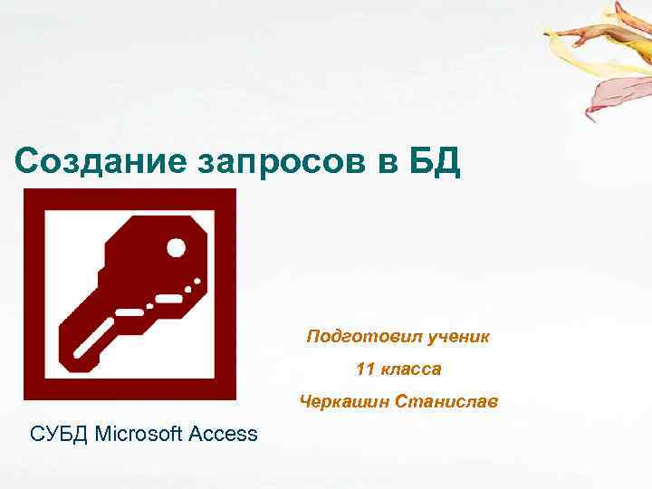 Создание запросов в БД Подготовил ученик 11 класса Черкашин Станислав СУБД Microsoft Access 