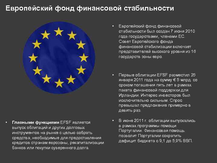 Европейский фонд финансовой стабильности • • • Главными функциями EFSF является выпуск облигаций и