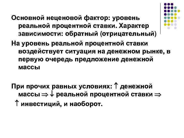 Основной неценовой фактор: уровень реальной процентной ставки. Характер зависимости: обратный (отрицательный) На уровень реальной