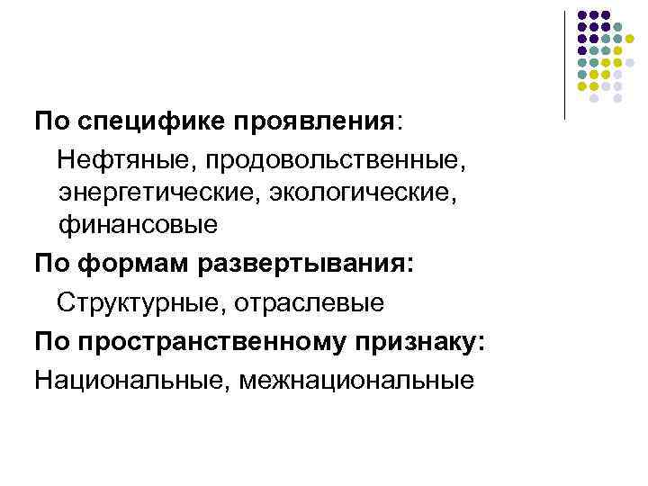 По специфике проявления: Нефтяные, продовольственные, энергетические, экологические, финансовые По формам развертывания: Структурные, отраслевые По
