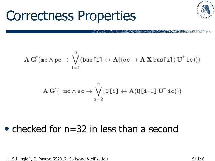 Correctness Properties • checked for n=32 in less than a second H. Schlingloff, E.