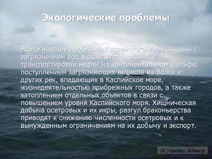 Экологические проблемы Каспийского моря связаны с загрязнением вод в результате добычи и транспортировки нефти