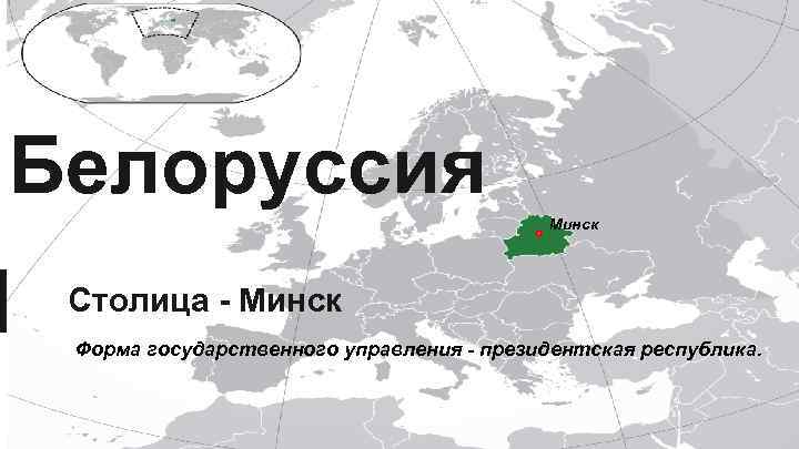 Белоруссия Минск Столица - Минск Форма государственного управления - президентская республика. 