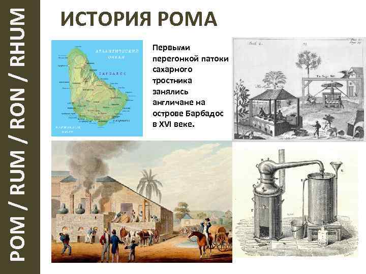  РОМ / RUM / RON / RHUM ИСТОРИЯ РОМА Первыми перегонкой патоки сахарного