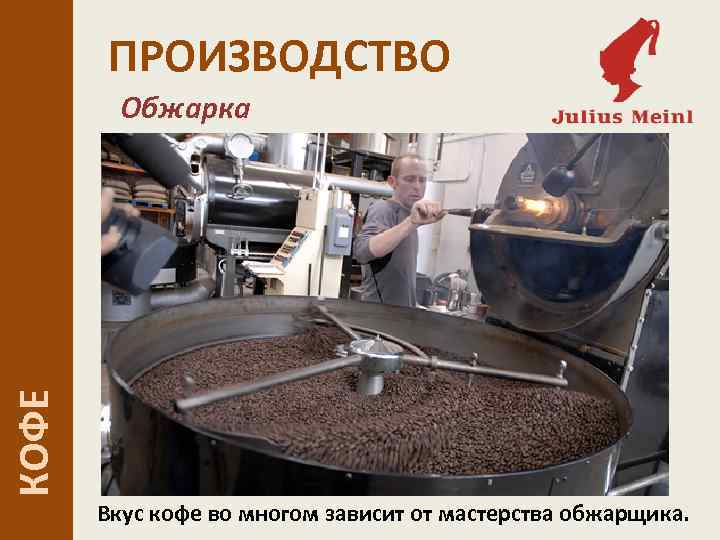 ПРОИЗВОДСТВО КОФЕ Обжарка Вкус кофе во многом зависит от мастерства обжарщика. 
