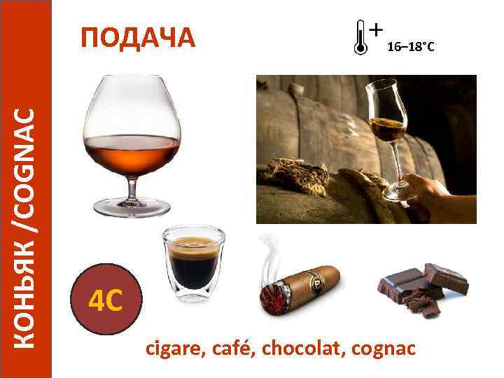 КОНЬЯК /COGNAC ПОДАЧА 4 С 16– 18°С cigare, café, chocolat, cognac 