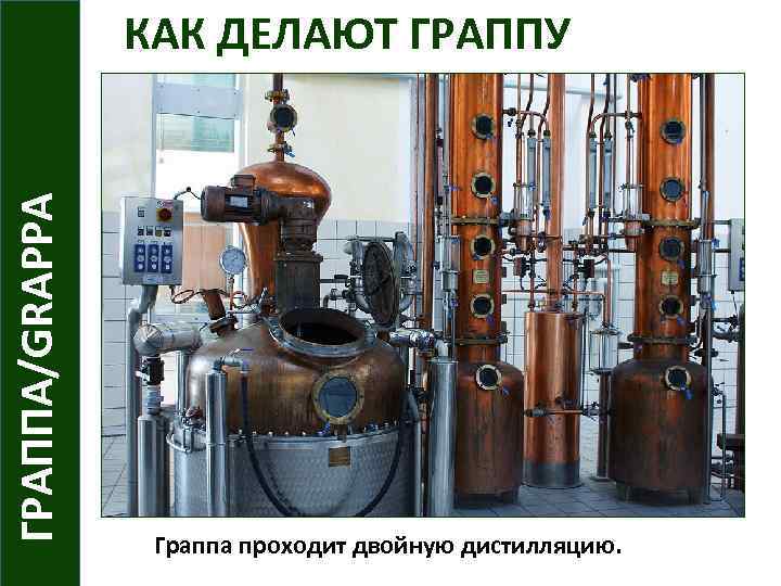 ГРАППА/GRAPPA КАК ДЕЛАЮТ ГРАППУ Граппа проходит двойную дистилляцию. 