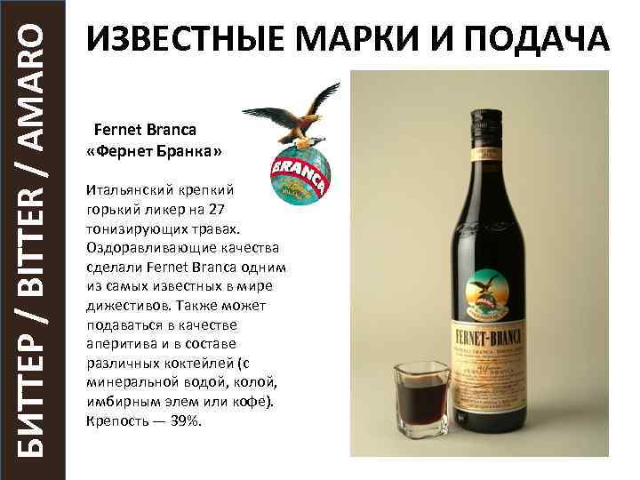 БИТТЕР / BITTER / AMARO ИЗВЕСТНЫЕ МАРКИ И ПОДАЧА Fernet Branca «Фернет Бранка» Итальянский