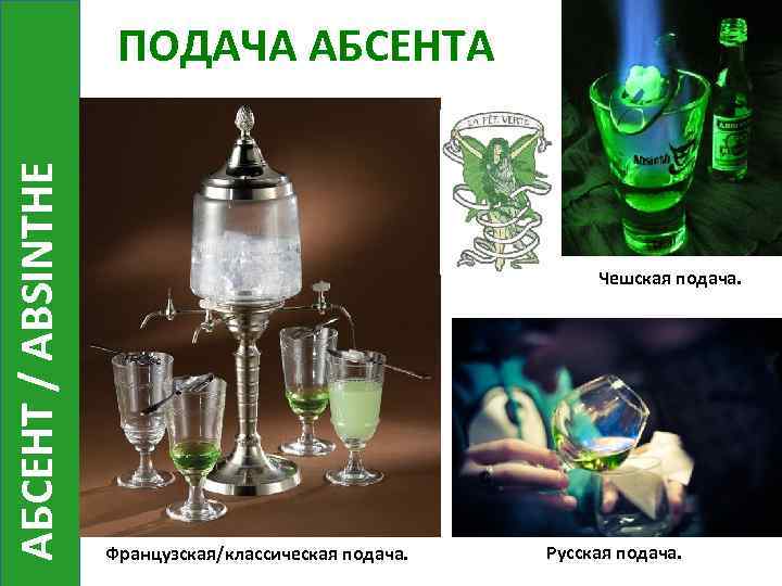 АБСЕНТ / ABSINTHE ПОДАЧА АБСЕНТА Чешская подача. Французская/классическая подача. Русская подача. 