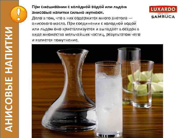 АНИСОВЫЕ НАПИТКИ При смешивании с холодной водой или льдом анисовые напитки сильно мутнеют. Дело