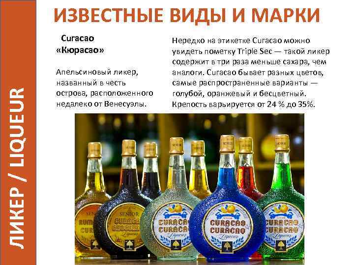 ИЗВЕСТНЫЕ ВИДЫ И МАРКИ ЛИКЕР / LIQUEUR Curaсao «Кюрасао» Апельсиновый ликер, названный в честь