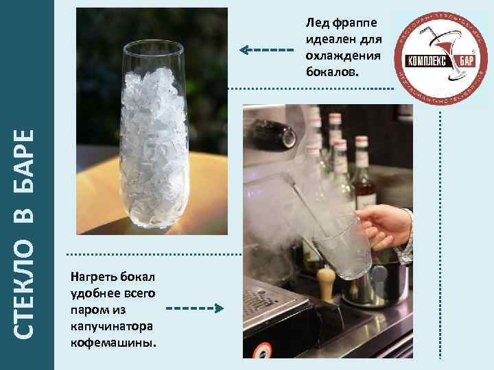  СТЕКЛО В БАРЕ Лед фраппе идеален для охлаждения бокалов. Нагреть бокал удобнее всего