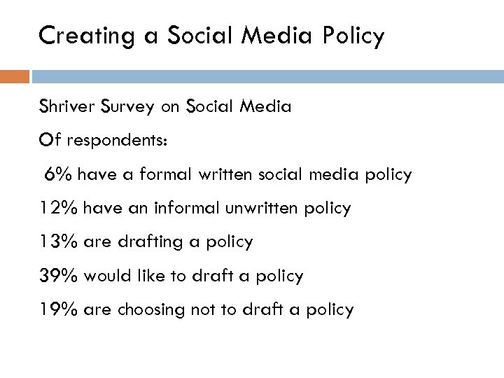 Creating a Social Media Policy Shriver Survey on Social Media Of respondents: 6% have