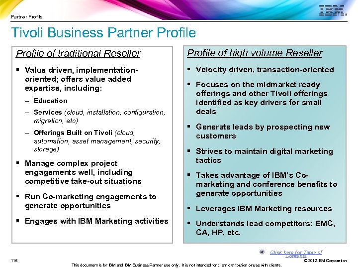 Partner Profile Tivoli Business Partner Profile of traditional Reseller Profile of high volume Reseller