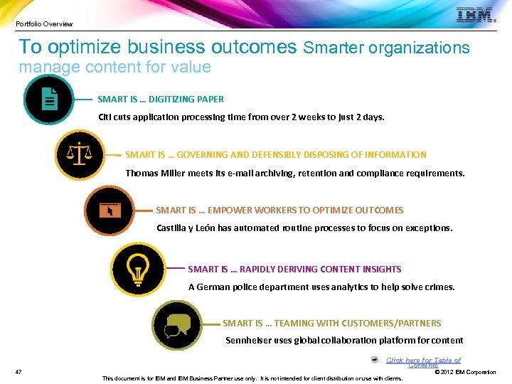 Portfolio Overview To optimize business outcomes Smarter organizations manage content for value SMART IS