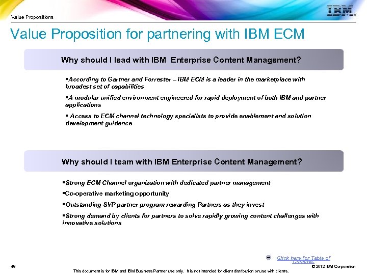 Value Propositions Value Proposition for partnering with IBM ECM Why should I lead with
