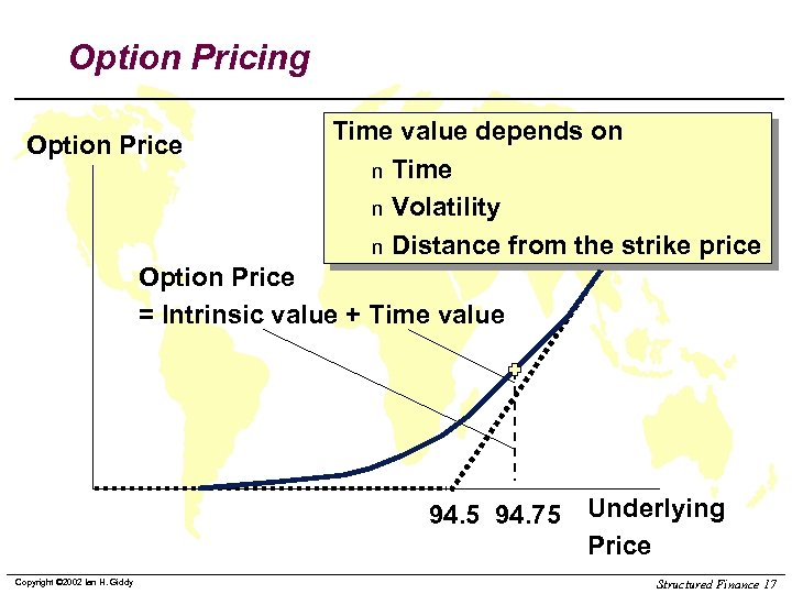 Option Pricing Option Price Time value depends on n Time n Volatility n Distance