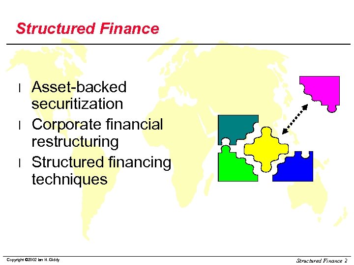 Structured Finance l l l Asset-backed securitization Corporate financial restructuring Structured financing techniques Copyright