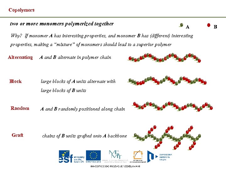 Copolymers two or more monomers polymerized together A Why? If monomer A has interesting