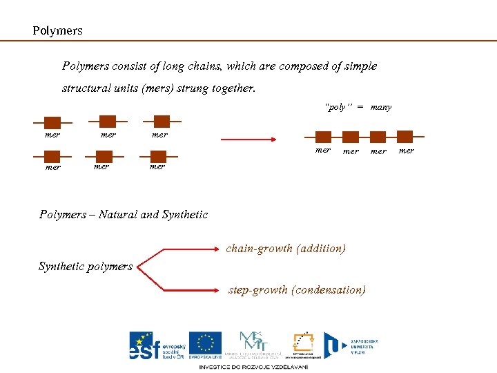 Polymers consist of long chains, which are composed of simple structural units (mers) strung