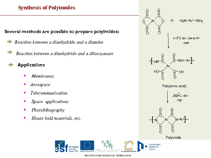 Synthesis of Polyimides O O C C Ar O Several methods are possible to