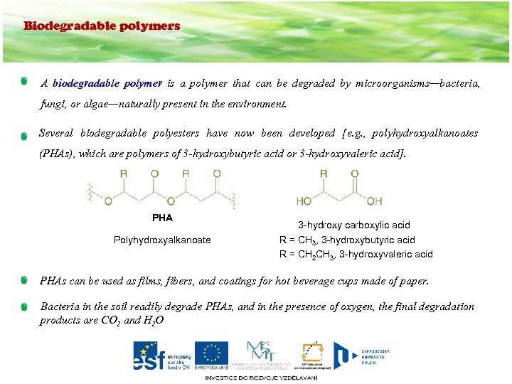 Biodegradable polymers A biodegradable polymer is a polymer that can be degraded by microorganisms—bacteria,