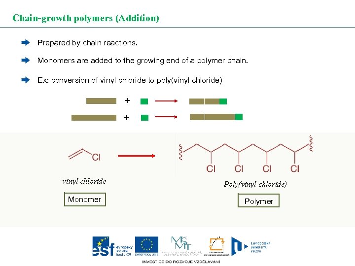 Chain-growth polymers (Addition) Prepared by chain reactions. Monomers are added to the growing end