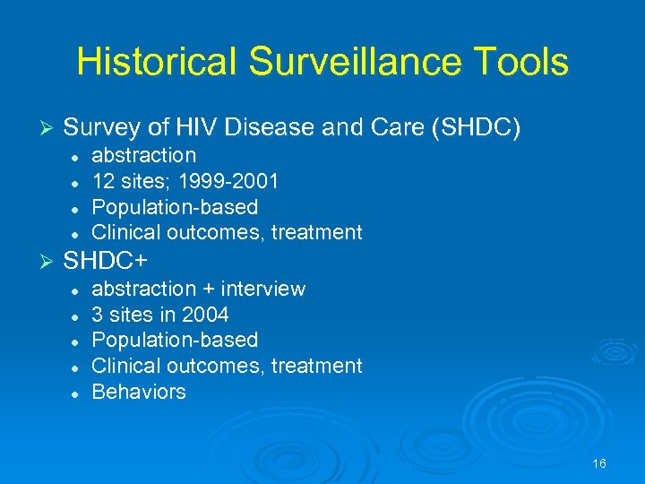 Historical Surveillance Tools Ø Survey of HIV Disease and Care (SHDC) l l Ø