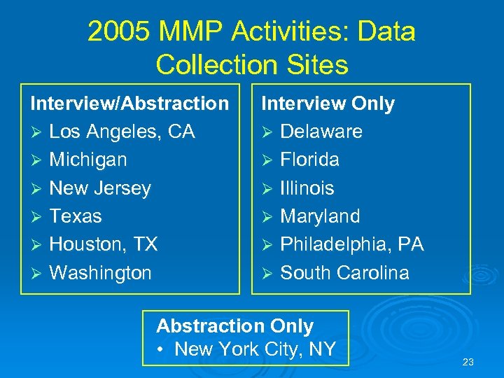 2005 MMP Activities: Data Collection Sites Interview/Abstraction Ø Los Angeles, CA Ø Michigan Ø