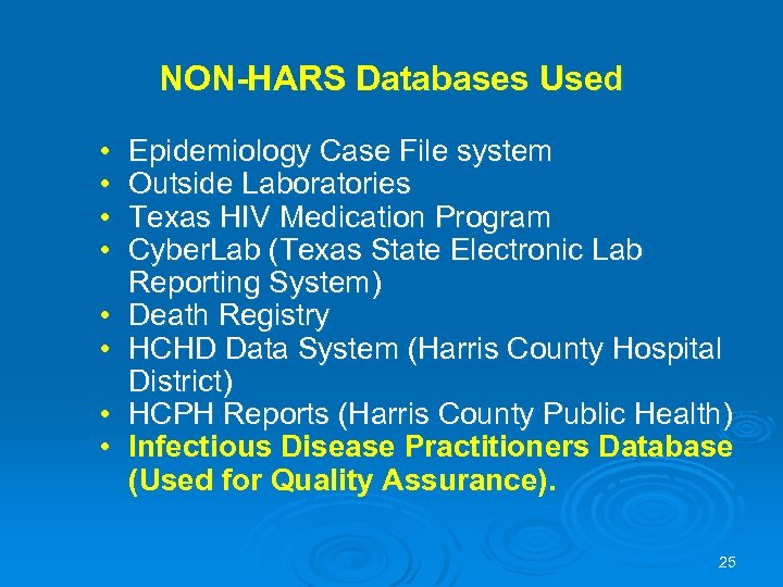 NON-HARS Databases Used • • Epidemiology Case File system Outside Laboratories Texas HIV Medication