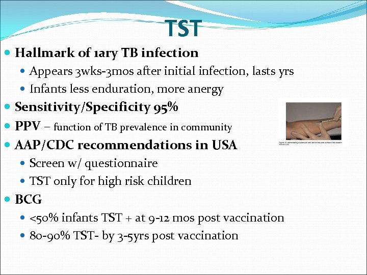 TST Hallmark of 1 ary TB infection Appears 3 wks-3 mos after initial infection,