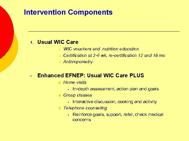 Intervention Components 1. Usual WIC Care 1. 2. 3. • WIC vouchers and nutrition
