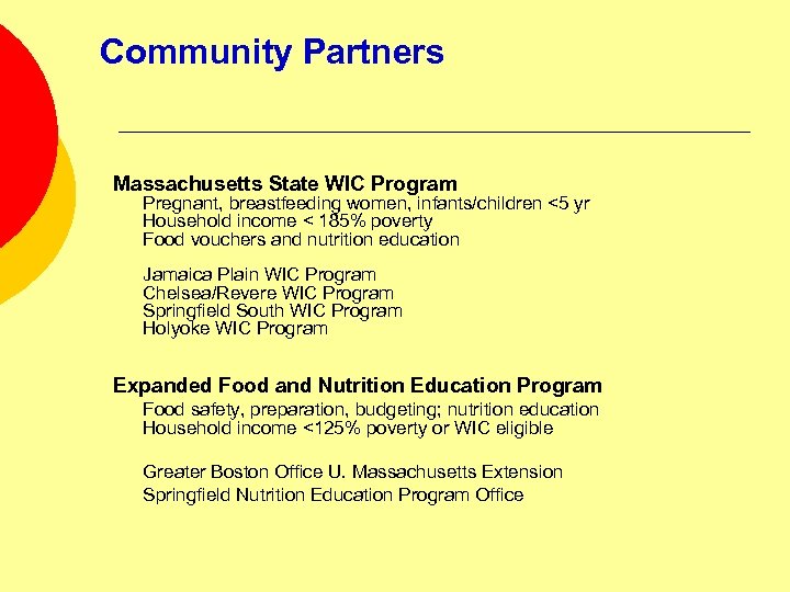 Community Partners Massachusetts State WIC Program Pregnant, breastfeeding women, infants/children <5 yr Household income