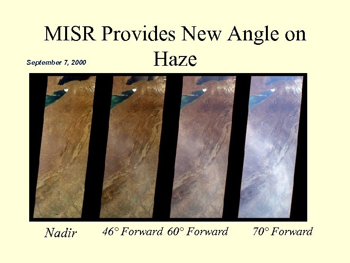 MISR Provides New Angle on Haze September 7, 2000 Nadir 46° Forward 60° Forward