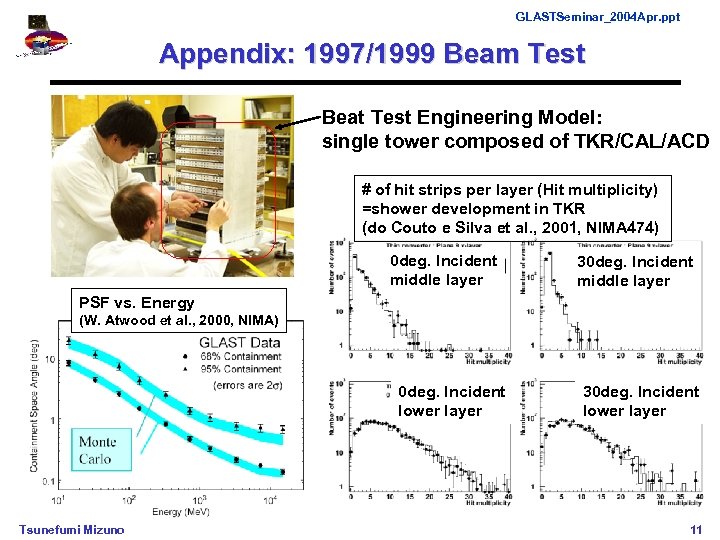 GLASTSeminar_2004 Apr. ppt Appendix: 1997/1999 Beam Test Beat Test Engineering Model: single tower composed