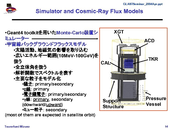 GLASTSeminar_2004 Apr. ppt Simulator and Cosmic-Ray Flux Models XGT • Geant 4 toolkitを用いたMonte-Carlo装置シ ミュレーター