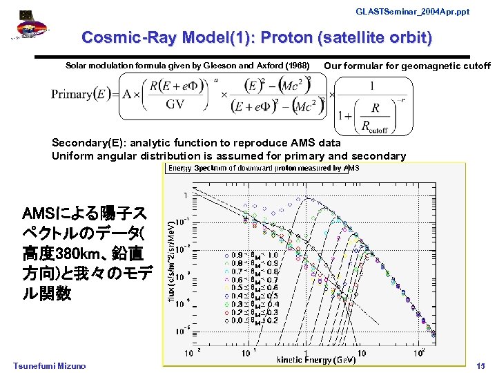 GLASTSeminar_2004 Apr. ppt Cosmic-Ray Model(1): Proton (satellite orbit) Solar modulation formula given by Gleeson