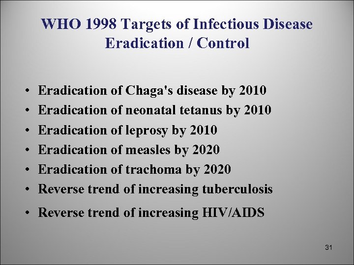 WHO 1998 Targets of Infectious Disease Eradication / Control • • • Eradication of