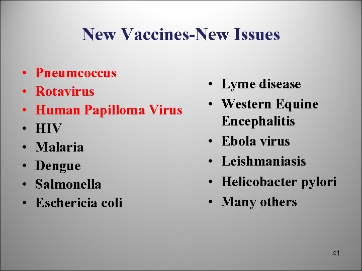 New Vaccines-New Issues • • Pneumcoccus Rotavirus Human Papilloma Virus HIV Malaria Dengue Salmonella