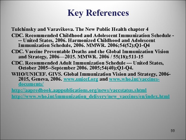 Key References Tulchinsky and Varavikova. The New Public Health chapter 4 CDC. Recommended Childhood