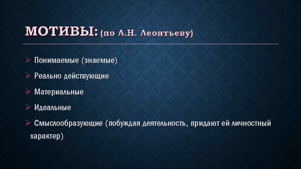 Реально действующий. Виды мотивов по а.н Леонтьеву. Виды мотивов по Леонтьеву. Классификация мотивов а.н.Леонтьева.. Леонтьев мотив.