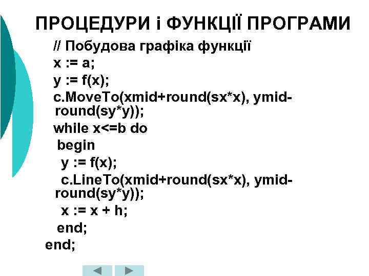 ПРОЦЕДУРИ і ФУНКЦІЇ ПРОГРАМИ // Побудова графіка функції x : = a; y :