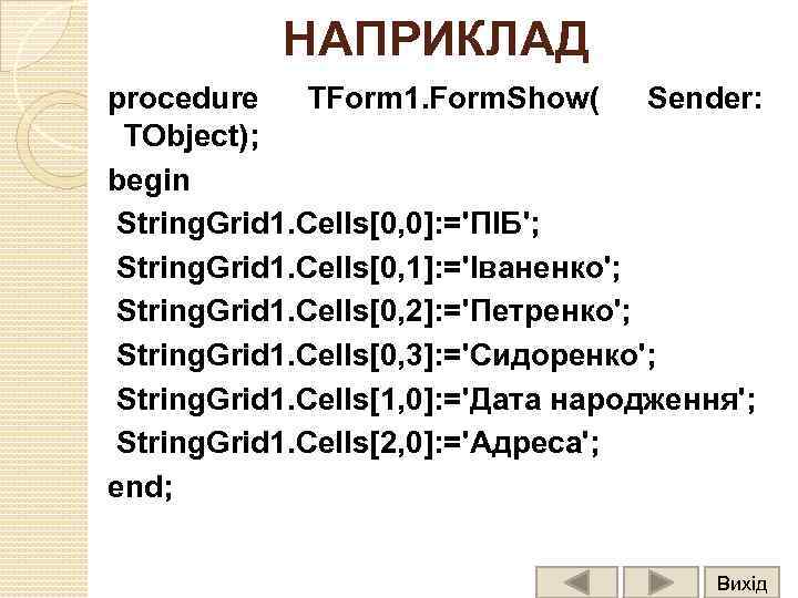 НАПРИКЛАД procedure TForm 1. Form. Show( Sender: TObject); begin String. Grid 1. Cells[0, 0]: