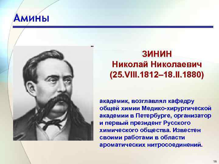 Амины ЗИНИН Николай Николаевич (25. VIII. 1812– 18. II. 1880) академик, возглавлял кафедру общей