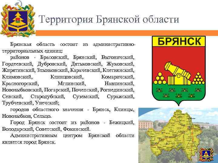 Территория Брянской области Брянская область состоит из административнотерриториальных единиц: районов - Брасовский, Брянский, Выгоничский,