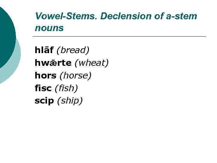Vowel-Stems. Declension of a-stem nouns hlāf (bread) hwǣrte (wheat) hors (horse) fisc (fish) scip
