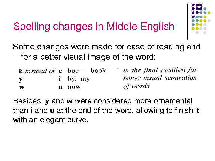 Spelling changes in Middle English Some changes were made for ease of reading and