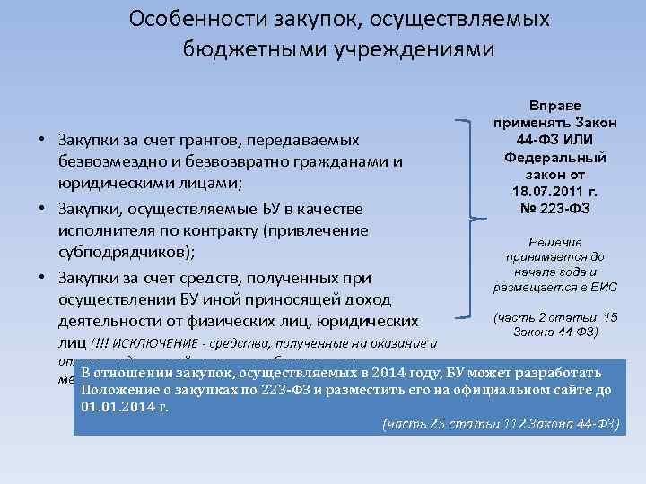 Особенности закупок, осуществляемых бюджетными учреждениями • Закупки за счет грантов, передаваемых безвозмездно и безвозвратно